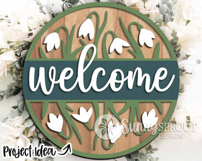 Welcome Snowdrop Flower Sign, Digital download, SVG laser cut file, Cricut, Round door hanger design, Spring Easter decor