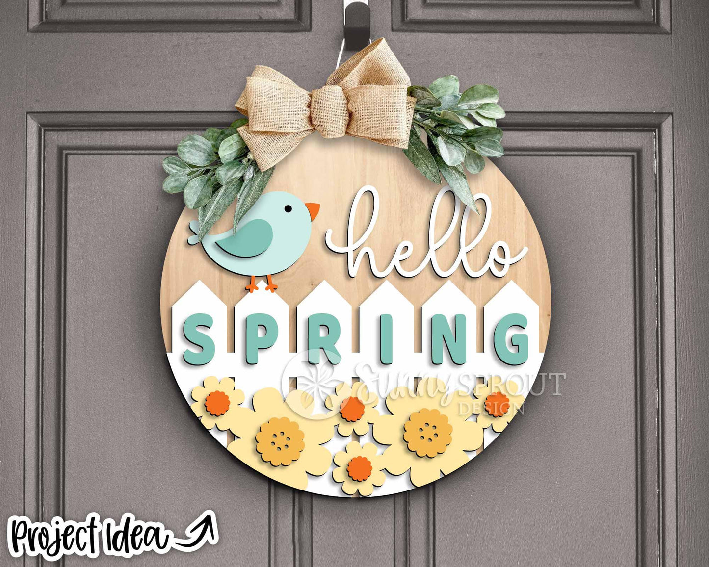 Hello Spring Bird Fence Flowers Sign, Digital download, SVG Laser cut file, Cricut, Round door hanger design