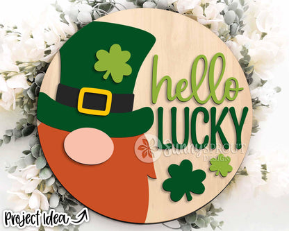Hello Lucky Leprechaun Gnome Sign, Digital Download, SVG Laser Cut File, Cricut, Round Door Hanger Design, St. Patrick's Day Decor