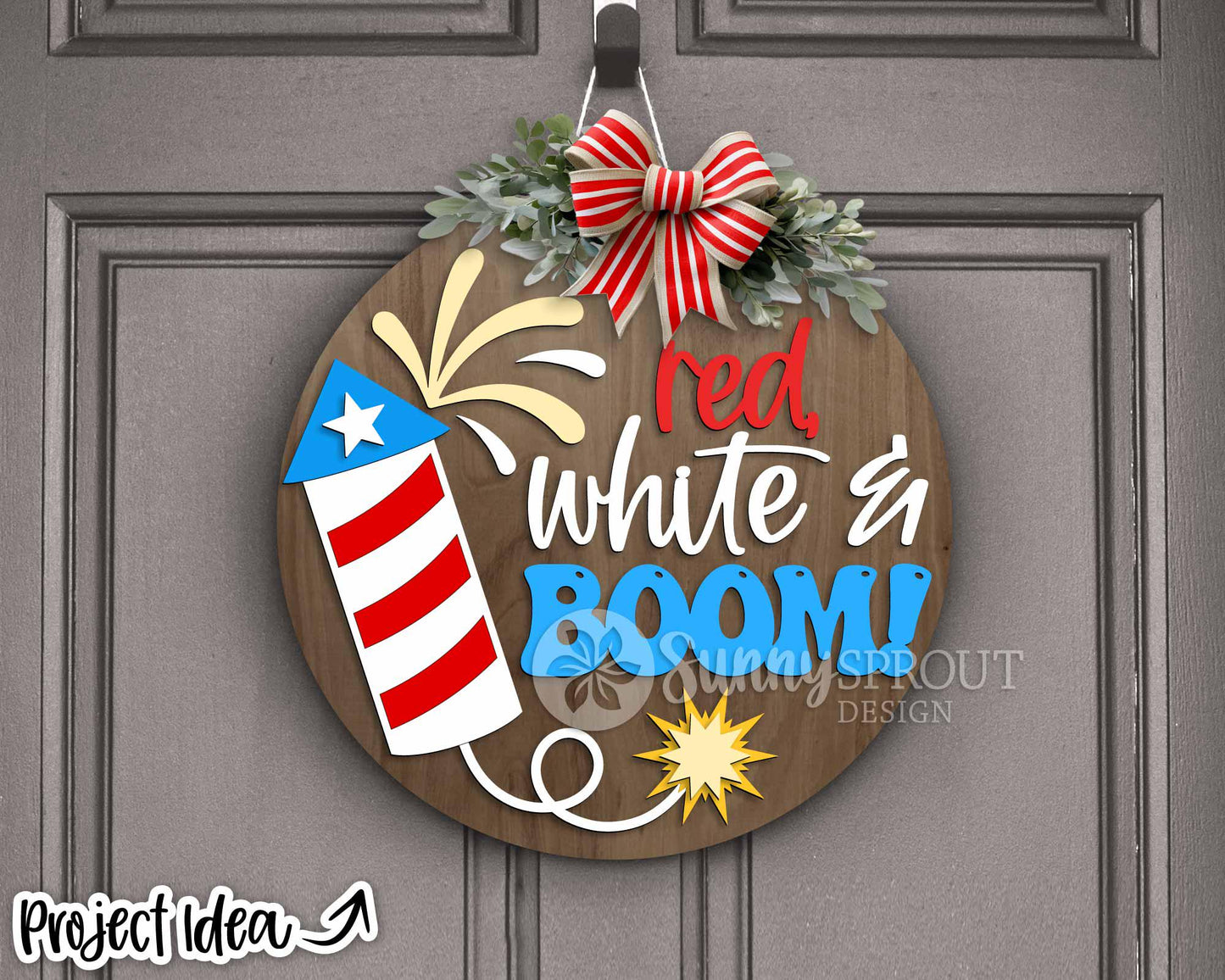 Red, White & Boom Firecracker Sign, Digital Download, SVG Laser Cut File, Cricut, Round Door Hanger Design, Patriotic 4th of July Decor