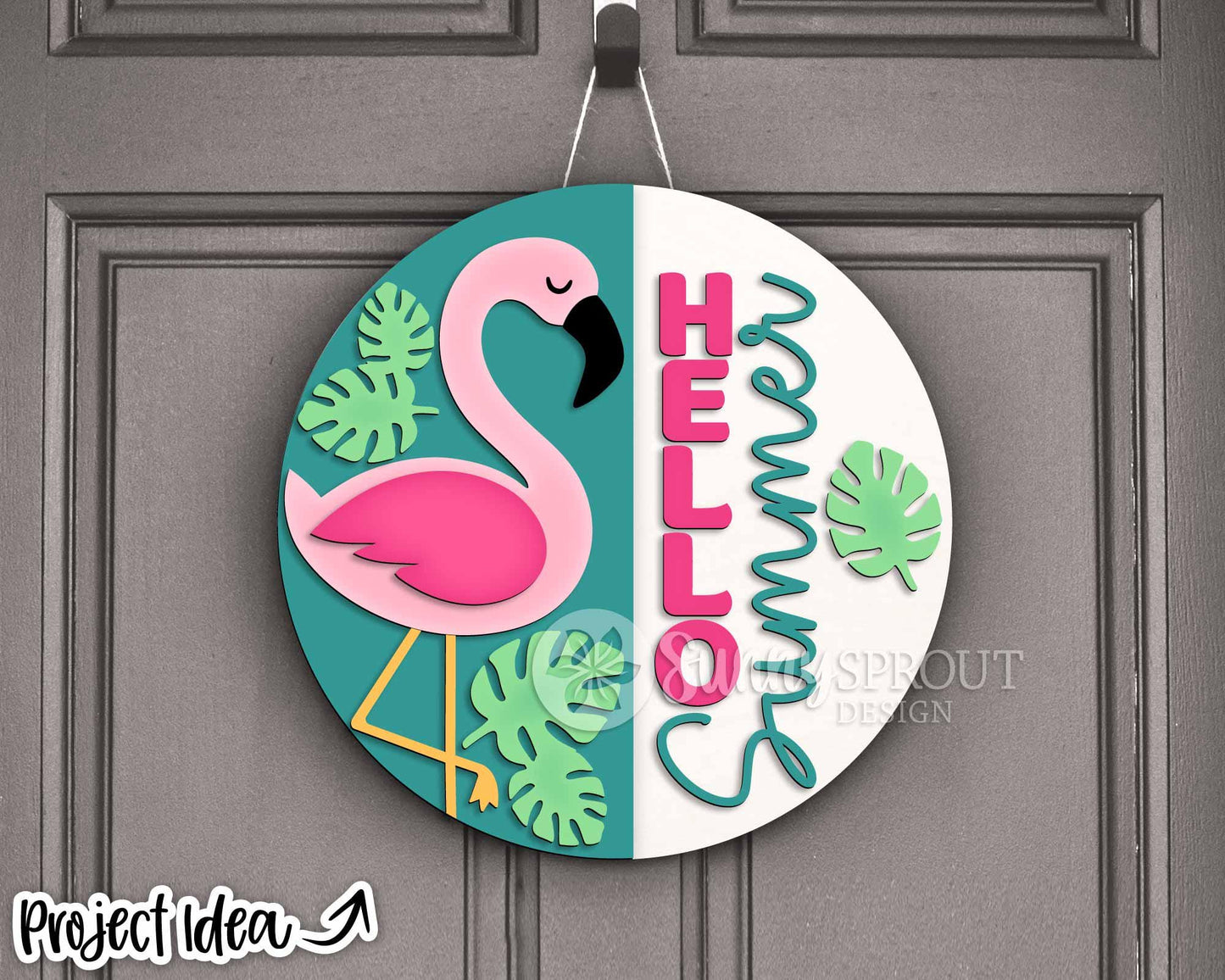 Hello Summer Flamingo Sign, Digital Download, SVG Laser Cut File, Cricut, Tropical Round Door Hanger Design