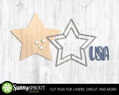 USA Barn Quilt Star Sign, Digital Download, SVG Laser Cut File, Cricut, Summer Door Hanger Design, Patriotic 4th of July Decor