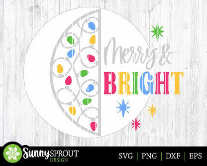 Merry & Bright String Light Sign, Digital Download, SVG Laser Cut File, Cricut, Round Door Hanger Design, Christmas Decor