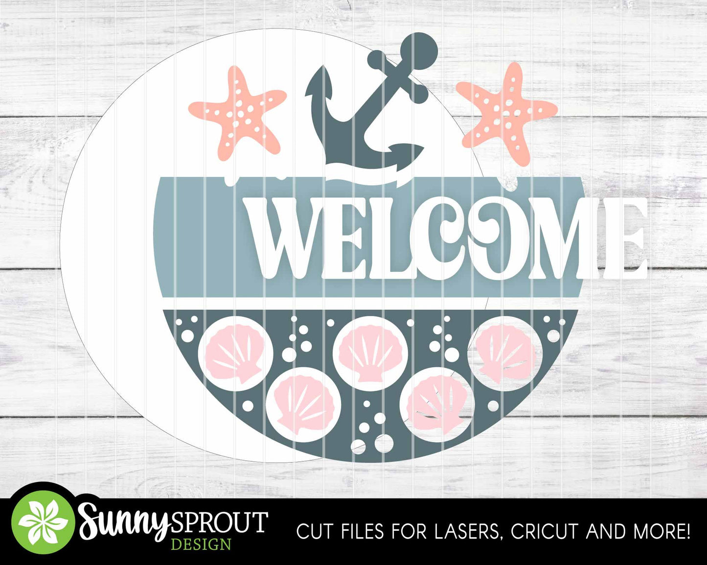 Welcome Anchor Seashell Sign, Digital download, SVG Laser cut file, Cricut, Round door hanger design, Ocean coastal beach decor