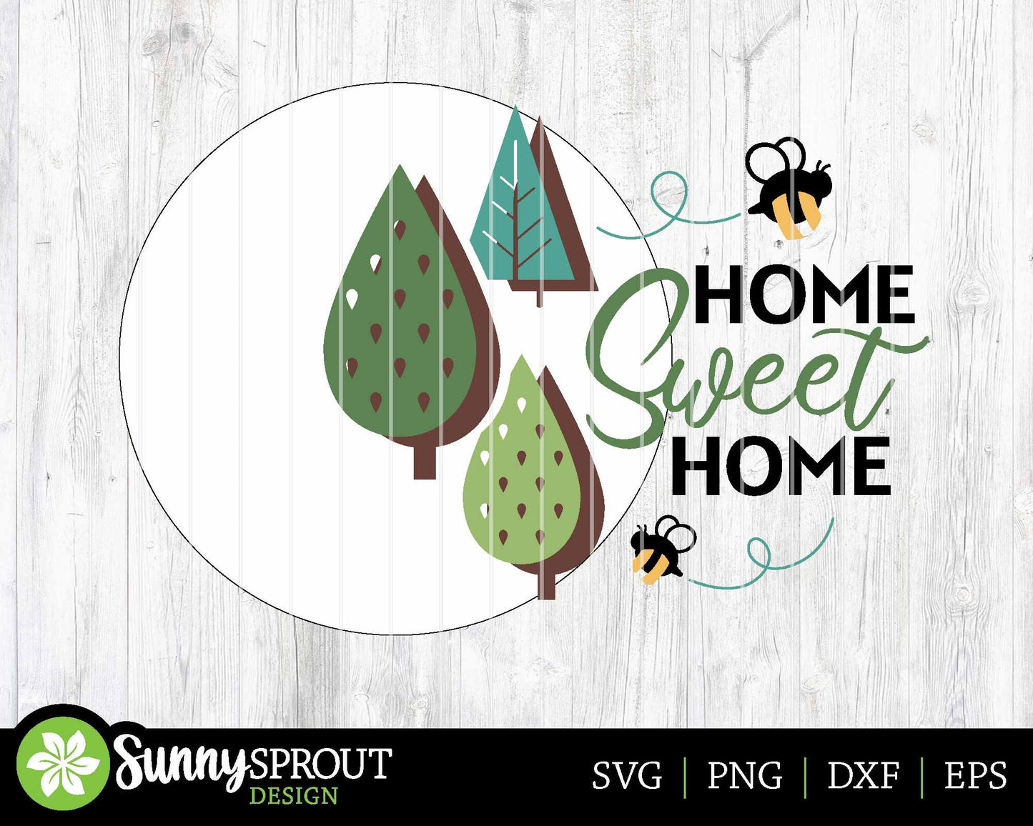 Home Sweet Home Trees Bees Sign, Digital Download, SVG Laser Cut File, Cricut, Summer Round Door Hanger Design