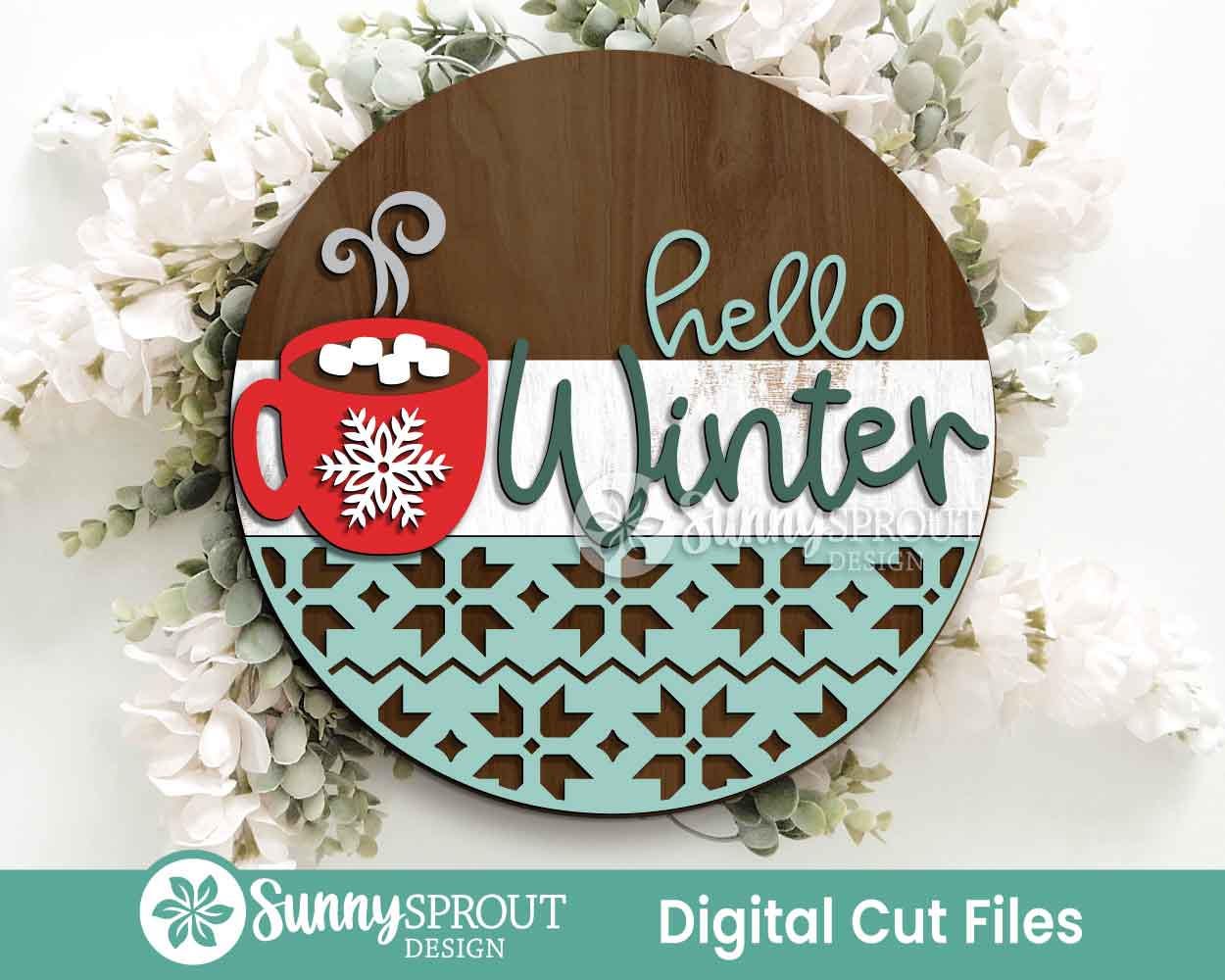 Hello Winter Hot Cocoa Mug Sign, Round door hanger svg, Glowforge laser cut file, Cricut, Christmas decor, Welcome svg