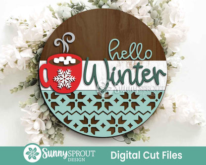 Hello Winter Hot Cocoa Mug Sign, Round door hanger svg, Glowforge laser cut file, Cricut, Christmas decor, Welcome svg