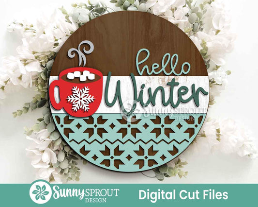 Hello Winter Hot Cocoa Mug Sign, Round door hanger svg, Glowforge laser cut file, Cricut, Christmas decor, Welcome svg