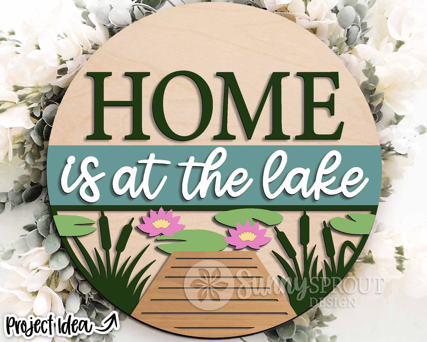 Home Is at the Lake Sign, Digital download, SVG Laser cut file, Cricut, Round door hanger design, Camping cabin lake house decor
