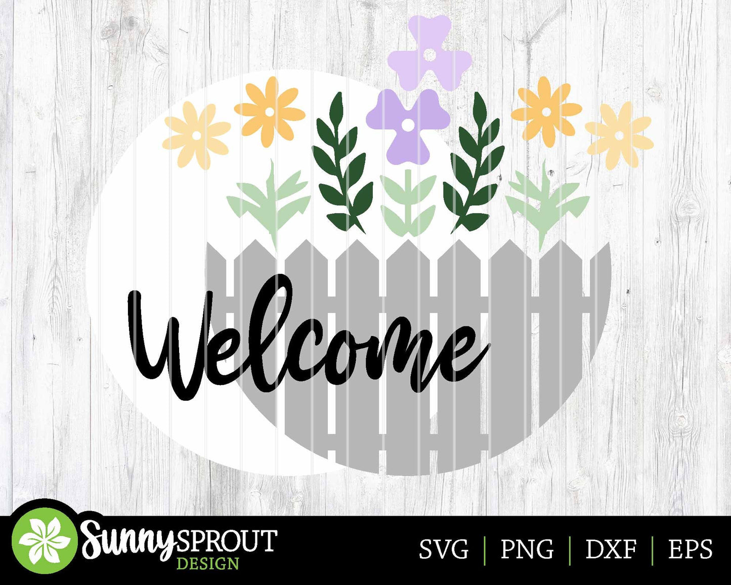Welcome Fence Flowers Sign, Digital download, SVG Laser cut file, Cricut, Round door hanger design, Spring summer decor