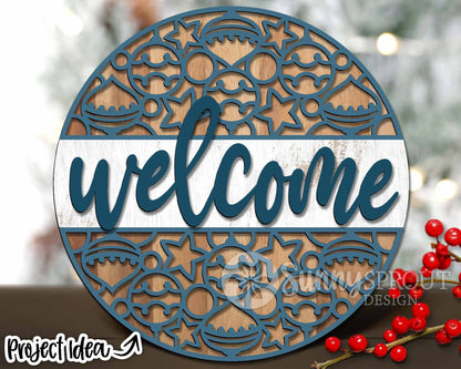 Welcome Ornament Pattern Sign, Digital Download, SVG Laser Cut File, Cricut, Round Door Hanger Design, Christmas Decor