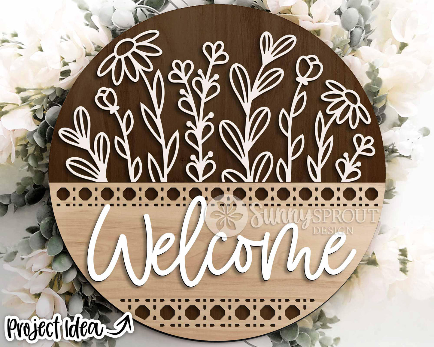 Welcome Wildflowers Rattan Pattern Sign, Digital Download, SVG Laser Cut File, Cricut, Floral Round Door Hanger Design