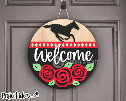 Welcome Rose Horse Sign, Digital download, SVG Laser cut file, Cricut, Round door hanger design, Kentucky Derby decor