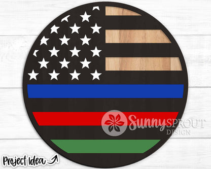 Police Firefighter Military Flag Sign, Digital Download, SVG Laser Cut File, Cricut, Patriotic Round Door Hanger Design