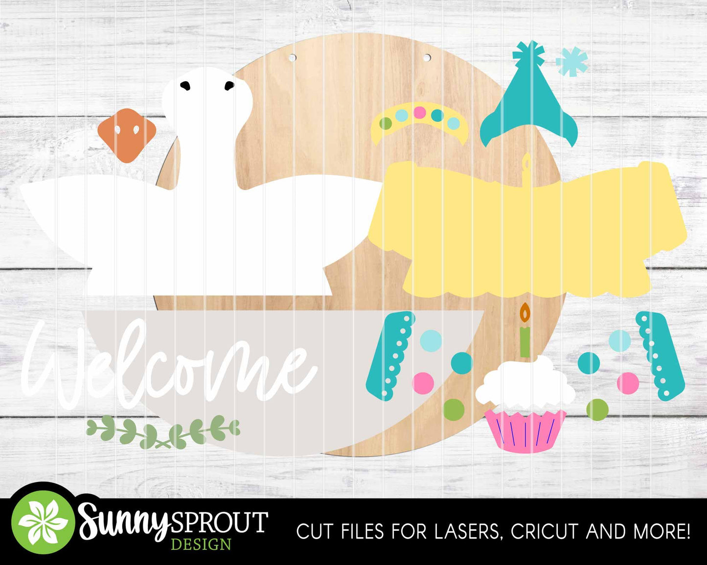 Goose Welcome Birthday Sign, Digital Download, SVG Laser Cut File, Cricut, Round Party Door Hanger Design, Interchangeable Outfit