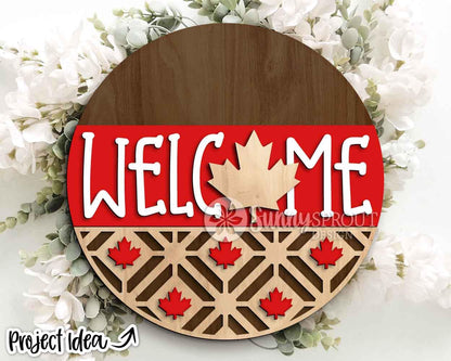 Welcome Maple Leaf Pattern Sign, Digital Download, SVG Laser Cut File, Cricut, Summer Canada Day Round Door Hanger Design