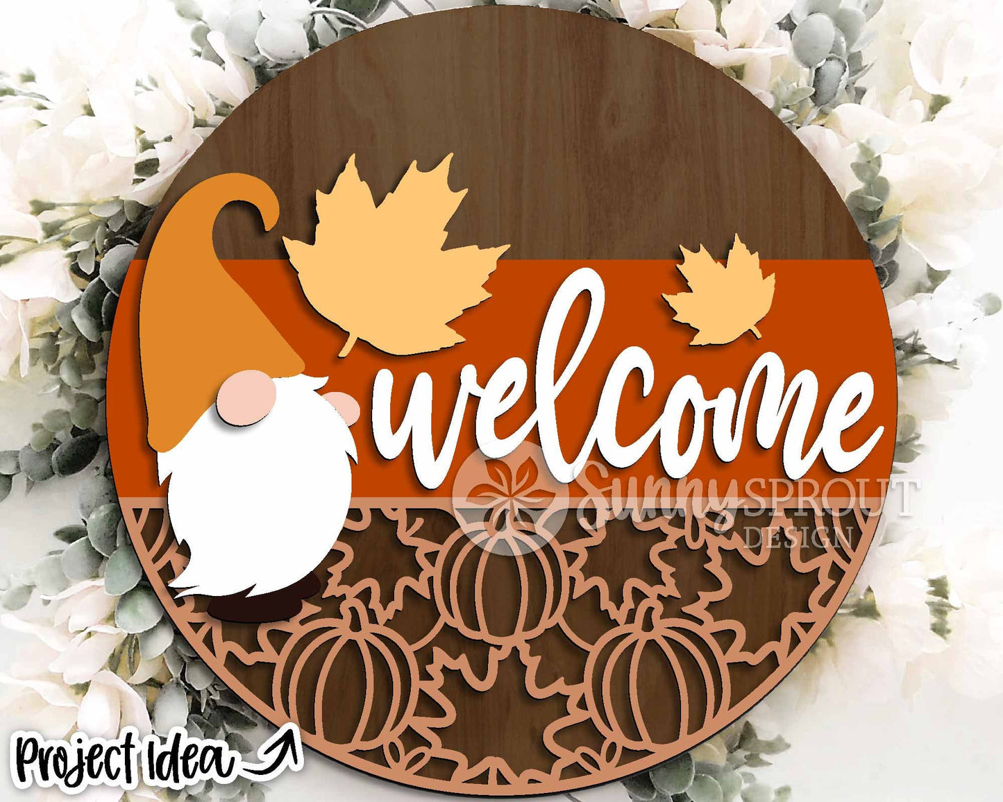 Welcome Fall Leaf Pattern Gnome Sign, Digital Download, SVG Laser Cut File, Cricut, Round Pumpkin Door Hanger Design