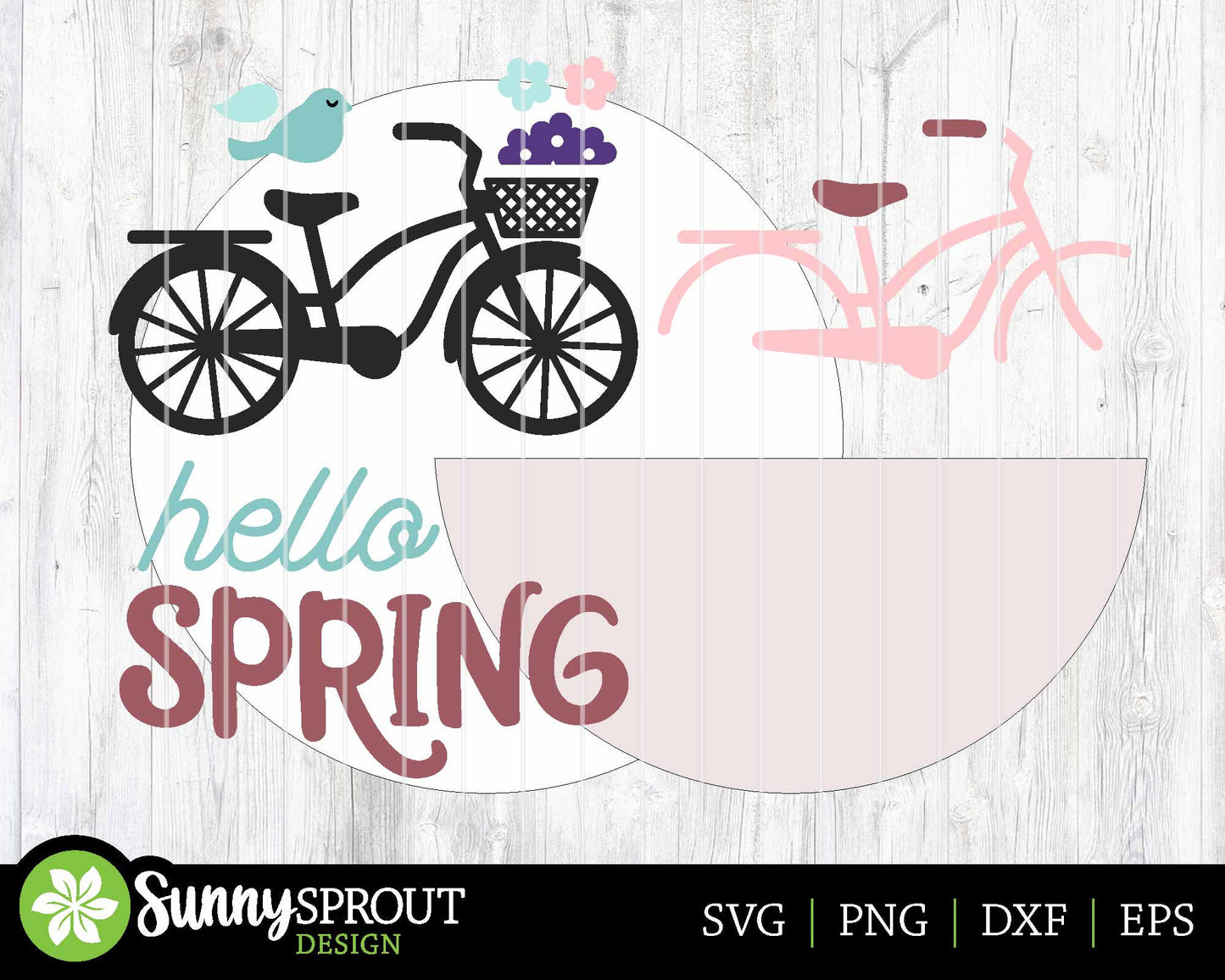 Hello Spring Bicycle Bird Flower Sign, Digital download, SVG Laser cut file, Cricut, Round door hanger design