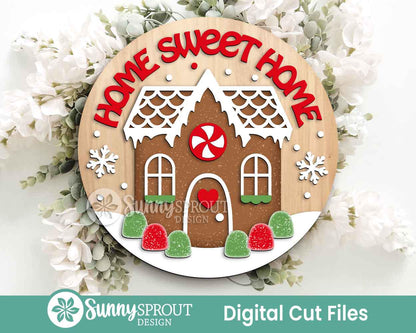 Home Sweet Home Gingerbread House Sign, Digital Download, SVG Laser Cut File, Cricut, Round Door Hanger Design, Christmas Decor
