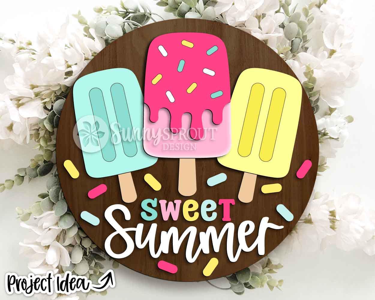 Sweet Summer Popsicle Sign, Digital Download, SVG Laser Cut File, Cricut, Round Welcome Door Hanger Design, Ice Cream Decor
