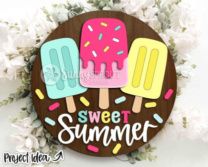 Sweet Summer Popsicle Sign, Digital Download, SVG Laser Cut File, Cricut, Round Welcome Door Hanger Design, Ice Cream Decor