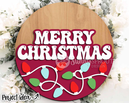 Merry Christmas Retro String Lights Sign, Digital Download, SVG Laser Cut File, Cricut, Round Door Hanger Design