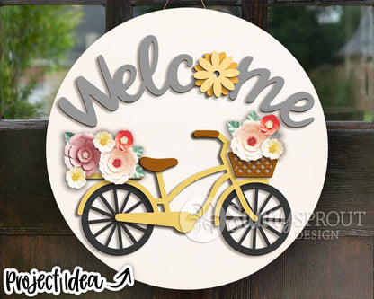 Welcome Bicycle Flower Sign, Digital download, SVG Laser cut file, Cricut, Round door hanger design, Spring summer floral decor