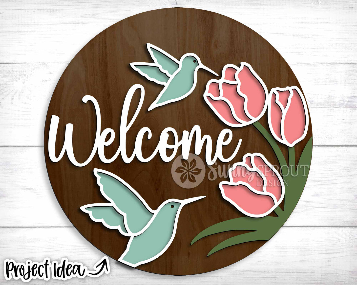 Welcome Hummingbird Tulips Sign, Digital download, SVG Laser cut file, Cricut, Round door hanger design, Spring summer decor