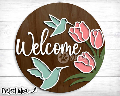Welcome Hummingbird Tulips Sign, Digital download, SVG Laser cut file, Cricut, Round door hanger design, Spring summer decor