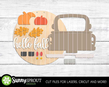 Hello Fall Pumpkin Truck Leaf Sign, Digital Download, SVG Laser Cut File, Cricut, Farmhouse Door Hanger Design