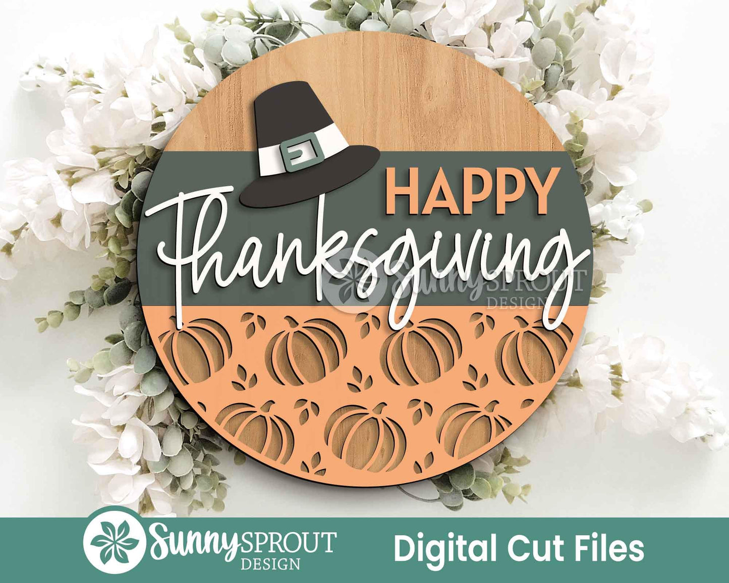 Happy Thanksgiving Pilgrim Hat Sign, Digital Download, SVG Laser Cut File, Cricut, Round Fall Door Hanger Design
