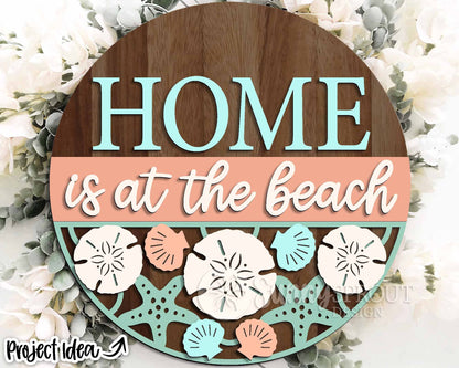 Home Is at the Beach Seashell Sign, Digital download, SVG Laser cut file, Cricut, Round door hanger design, Ocean coastal decor