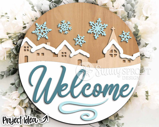 Welcome Winter Village Sign, Round door hanger svg, Glowforge laser cut file, Cricut, Christmas sign svg, Snowflake decor
