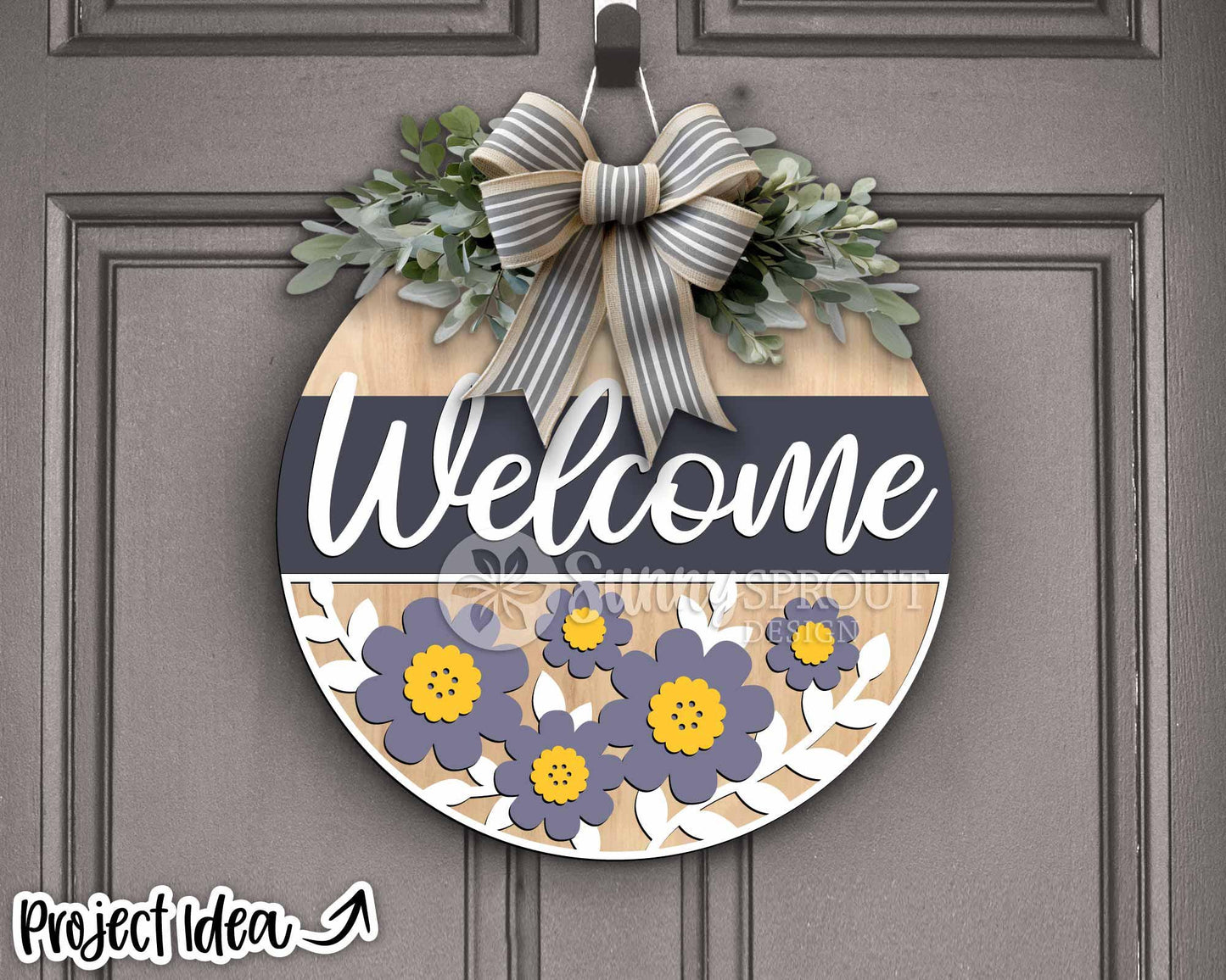 Welcome Daisy Flower Sign, Digital download, SVG Laser cut file, Cricut, Round door hanger design, Spring summer floral decor