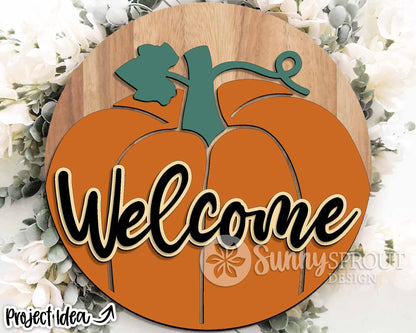 Welcome Pumpkin Round Sign, Digital Download, SVG Laser Cut File, Cricut, Round Fall Door Hanger Design