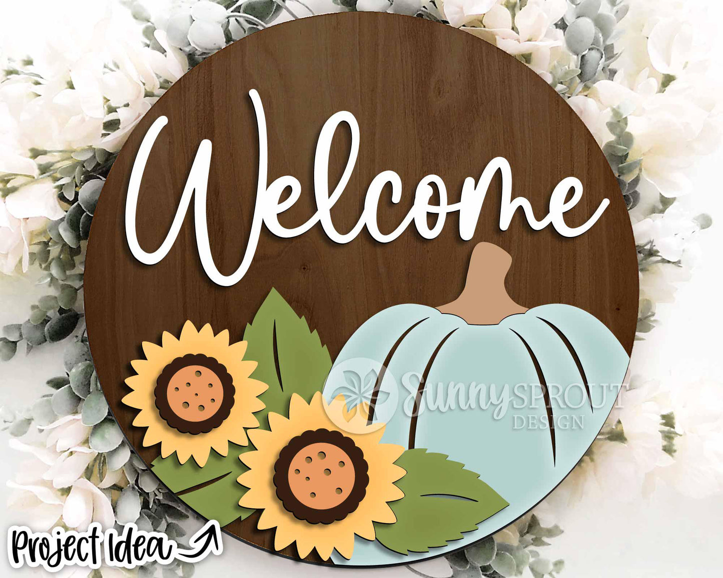 Welcome Sunflowers & Pumpkin Sign, Digital Download, SVG Laser Cut File, Cricut, Round Fall Floral Door Hanger Design
