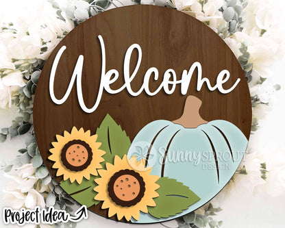 Welcome Sunflowers & Pumpkin Sign, Digital Download, SVG Laser Cut File, Cricut, Round Fall Floral Door Hanger Design
