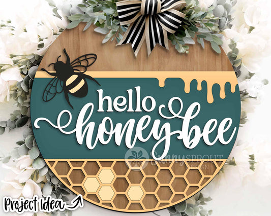 Hello Honey Bee Honeycomb Sign, Digital Download, SVG Laser Cut File, Cricut, Summer Round Door Hanger Design