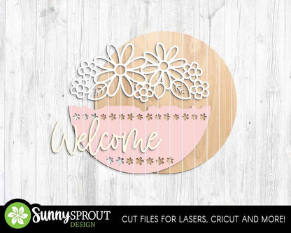 Welcome Floral Outline Sign, Digital download, SVG Laser cut file, Cricut, Round door hanger design, Spring summer decor