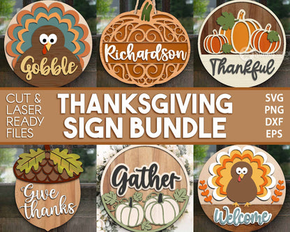 Thanksgiving Laser Sign Bundle, Round door hanger, Glowforge laser file, Cricut cut svg, Silhouette, Fall welcome sign