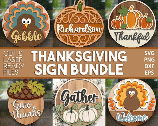 Thanksgiving Laser Sign Bundle, Round door hanger, Glowforge laser file, Cricut cut svg, Silhouette, Fall welcome sign