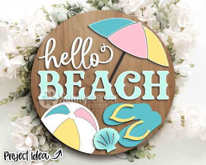 Hello Beach Umbrella Beachball Sign, Digital download, SVG laser cut file, Cricut, Round door hanger design, Ocean coastal decor