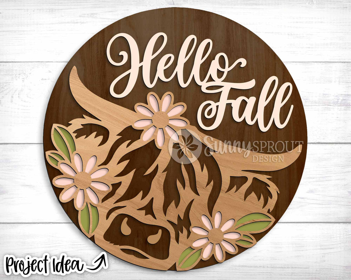 Hello Fall Highland Cow Wildflower Sign, Digital Download, SVG Laser Cut File, Cricut, Round Fall Farm Door Hanger Design