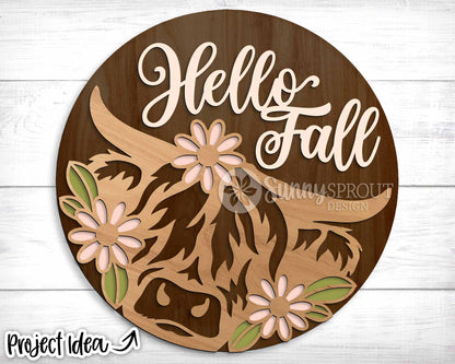 Hello Fall Highland Cow Wildflower Sign, Digital Download, SVG Laser Cut File, Cricut, Round Fall Farm Door Hanger Design