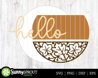 Hello Leaf Pattern Bottom Sign, Digital Download, SVG Laser Cut File, Cricut, Round Fall Door Hanger Design