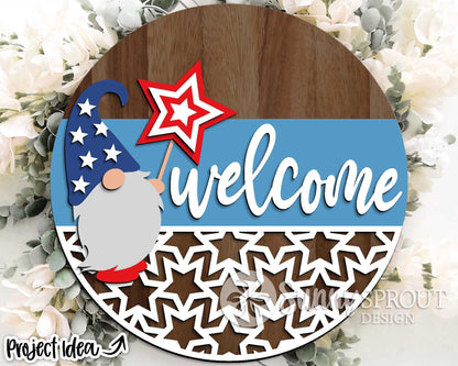 Welcome Patriotic Gnome Sign, Digital Download, SVG Laser Cut File, Cricut, Round Door Hanger Design, Patriotic 4th of July Decor