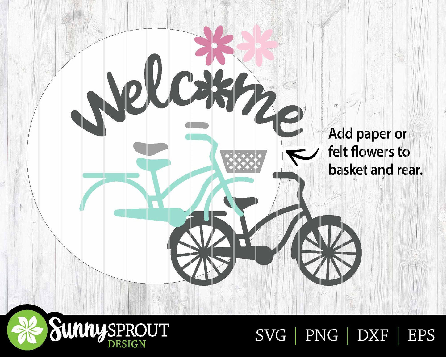 Welcome Bicycle Flower Sign, Digital download, SVG Laser cut file, Cricut, Round door hanger design, Spring summer floral decor