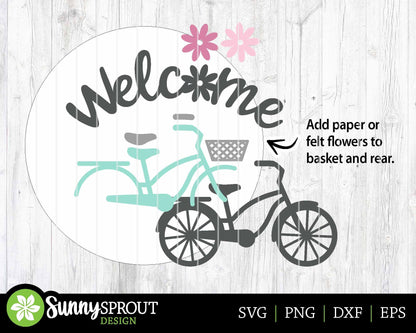 Welcome Bicycle Flower Sign, Digital download, SVG Laser cut file, Cricut, Round door hanger design, Spring summer floral decor