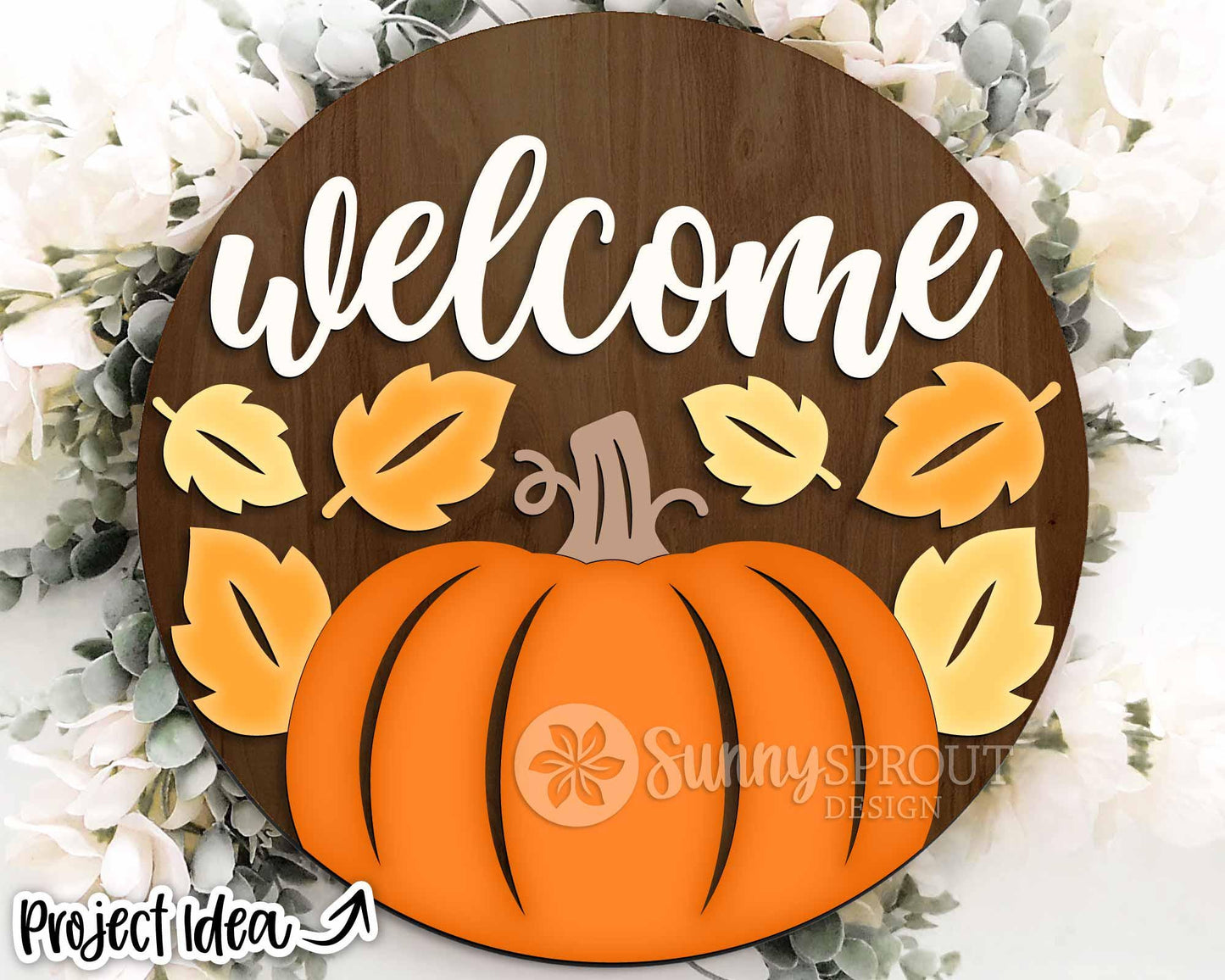 Welcome Pumpkin & Leaves Sign, Digital Download, SVG Laser Cut File, Cricut, Round Fall Door Hanger Design