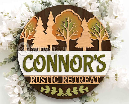 Personalizable Campsite Sign, Digital download, SVG Laser cut file, Cricut, Round door hanger design, Family name camping decor